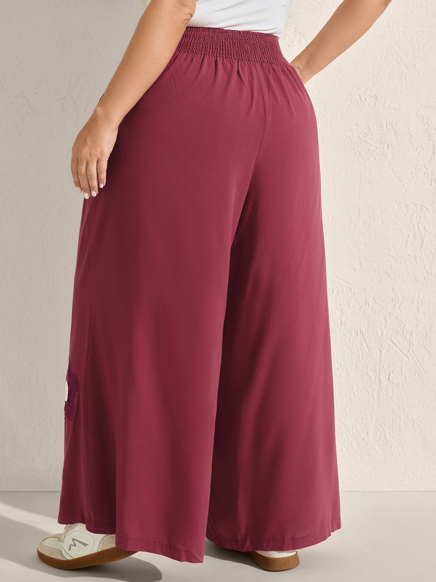 Floral Applique Embroidery Wide-Leg Pants