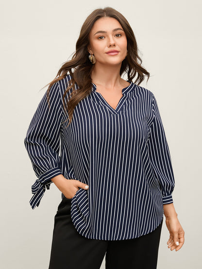 Striped Notched Collar Sleeve Tie Blouse