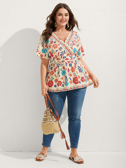 Floral Print Pleated Waist Surplice Blouse