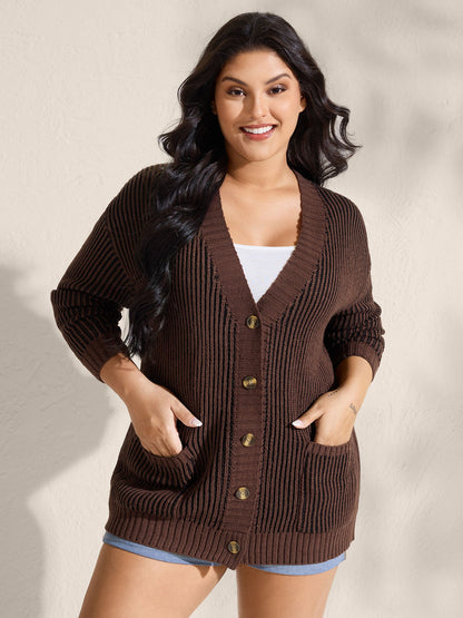 Textured Pocket Buttons Solid Knit Cardigan