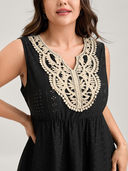 Textured Floral Lace Neck Long Tank Top
