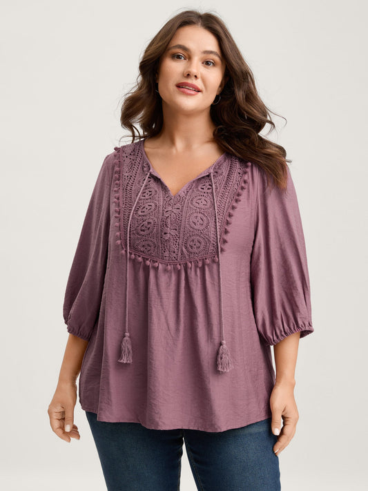 Lace Neck Tie Flowy Solid Blouse