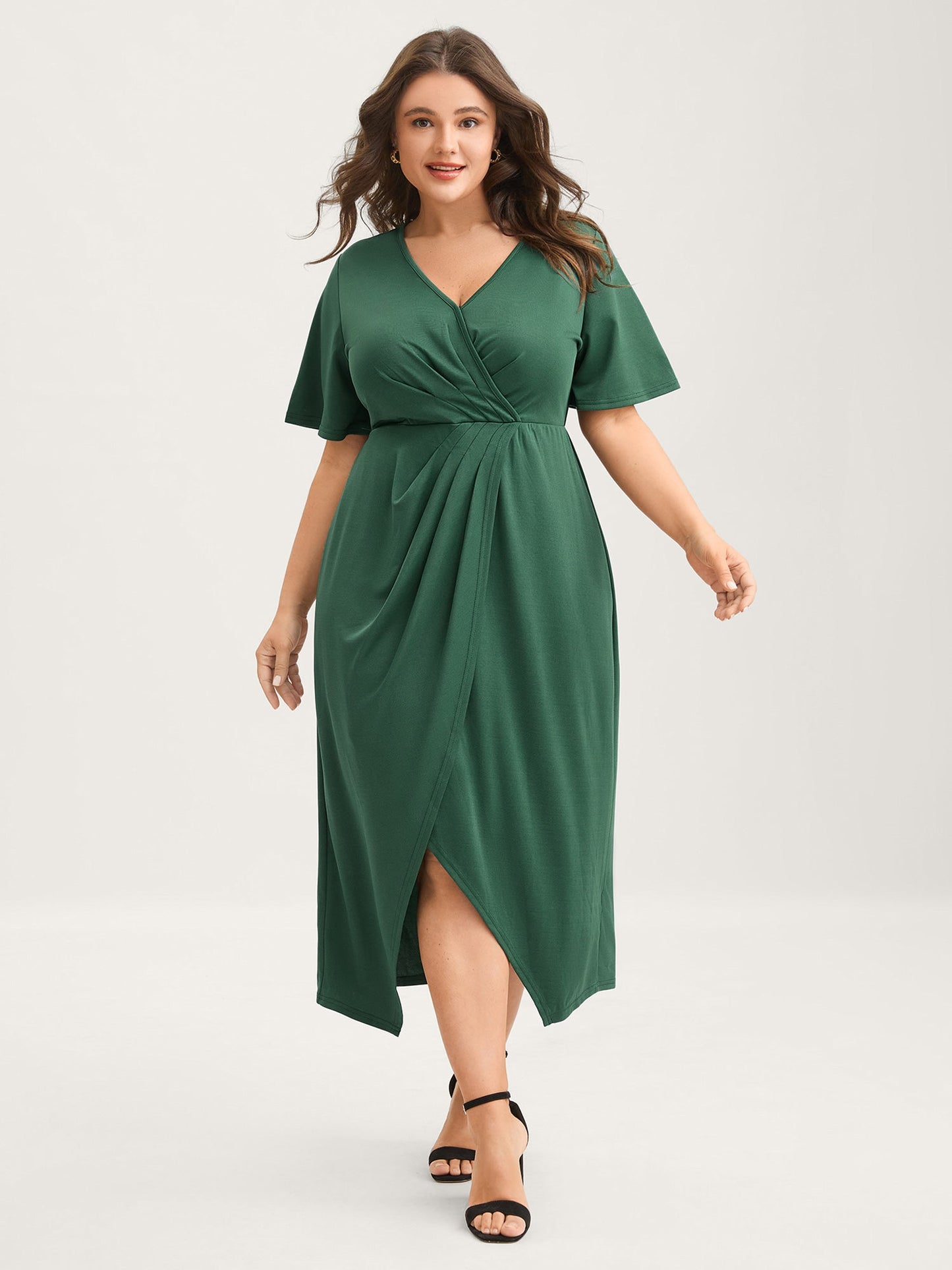 Wrap Gathered Solid Surplice Midi Dress