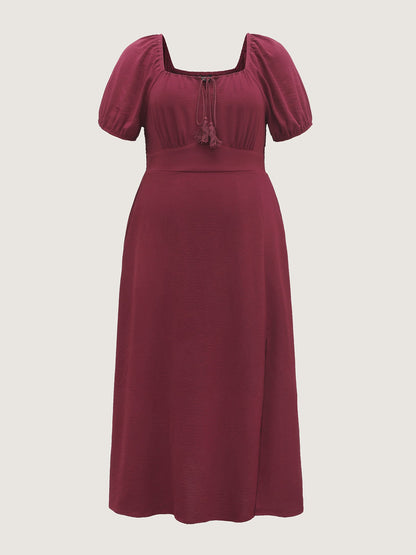 Puff Sleeve Shirred Slit Midi Dress