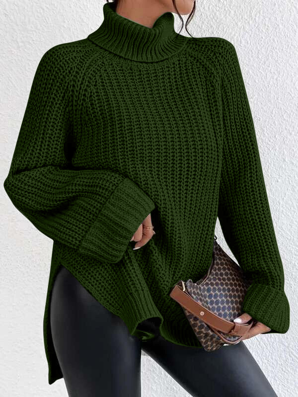 Turtleneck Raglan Sleeve Split Hem Sweater