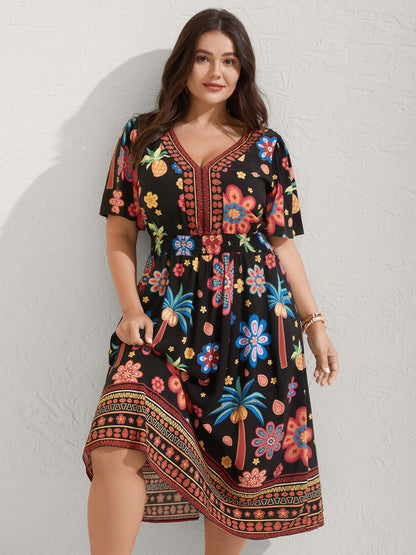 Rayon Tropical Floral Shirred Waist Midi Dress