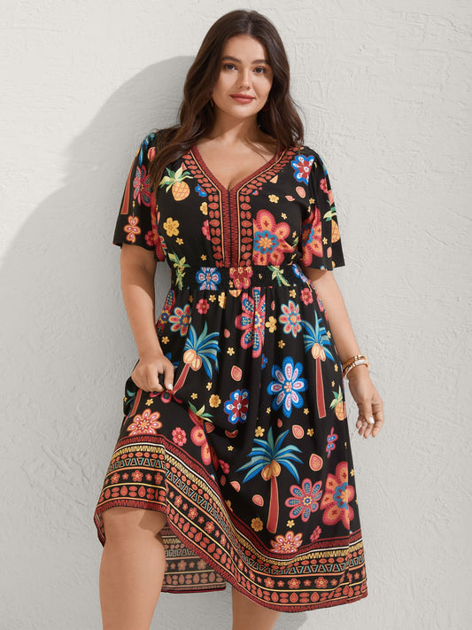 Rayon Tropical Floral Shirred Waist Midi Dress