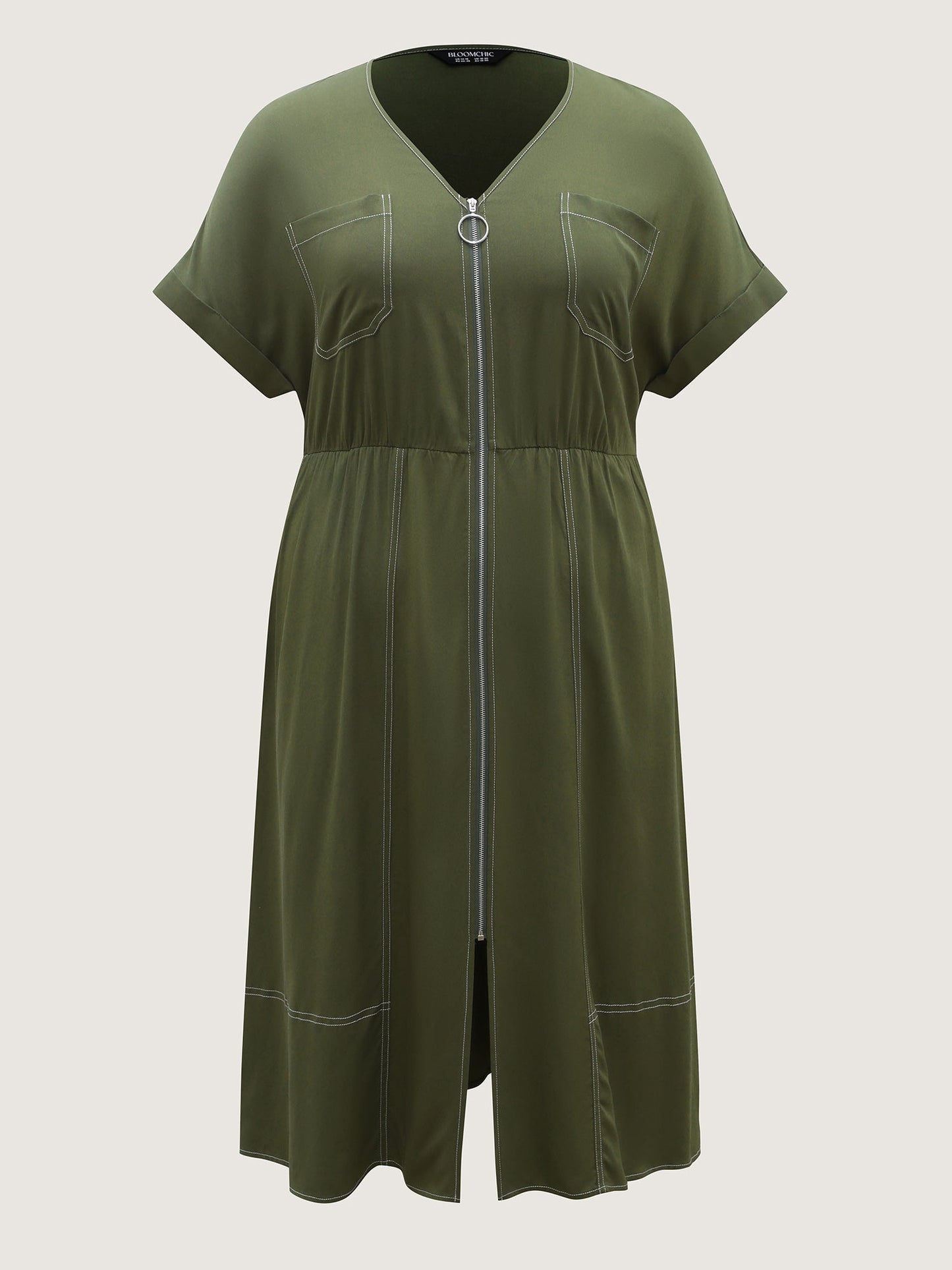 Monochrome Zipper Front Pockets Midi Dress
