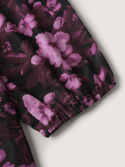 Large Floral Print Shirred Waist Midi Dress