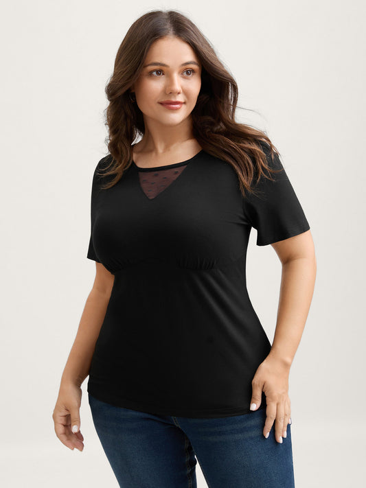 Textured Sheer Neck Slim-Fit Knit Top