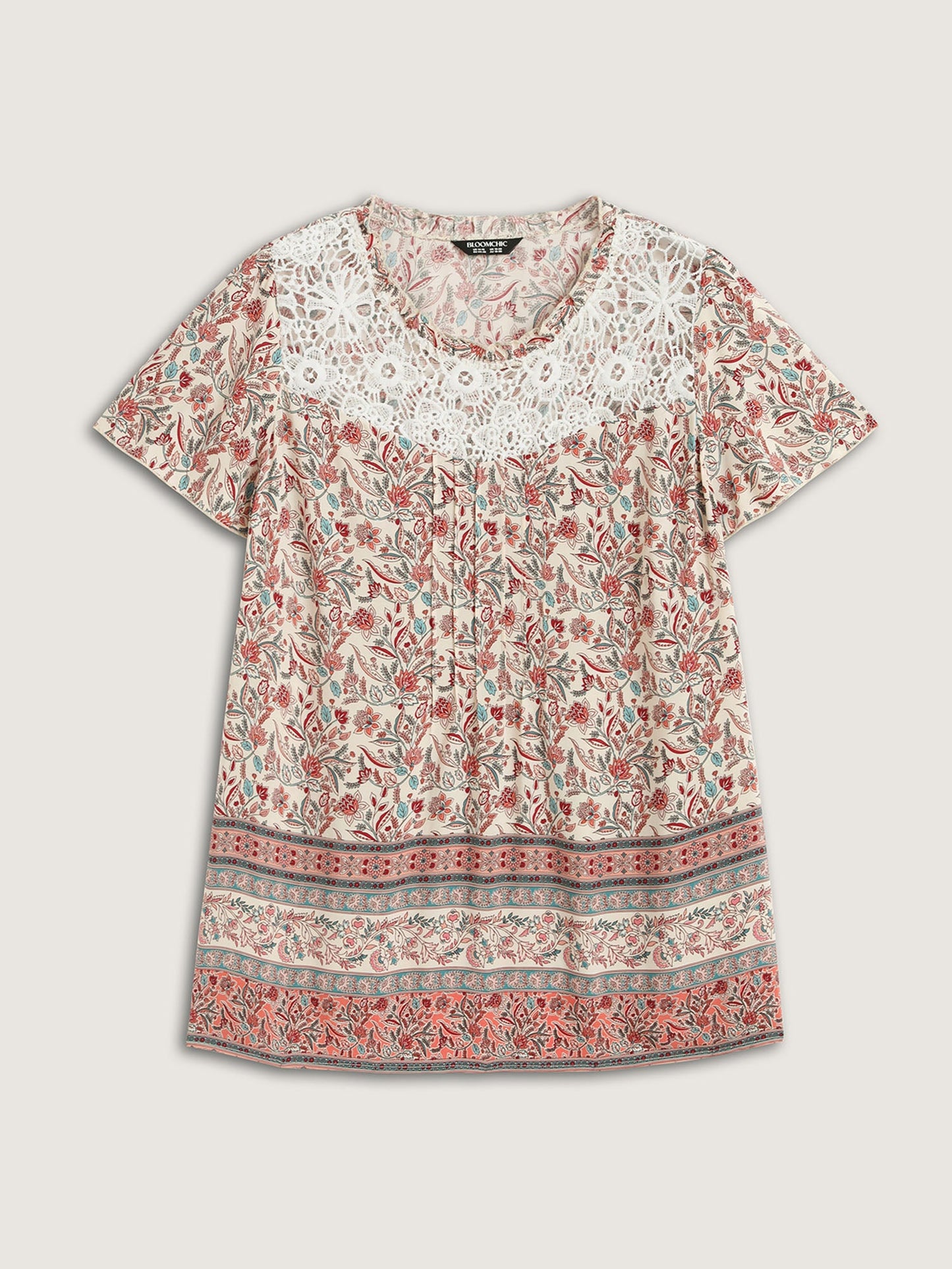 Sheer Lace Ruffled Neck Floral Blouse