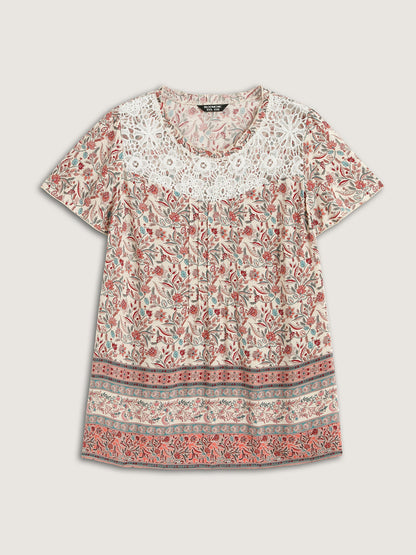 Sheer Lace Ruffled Neck Floral Blouse