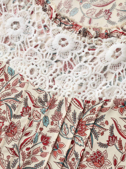 Sheer Lace Ruffled Neck Floral Blouse
