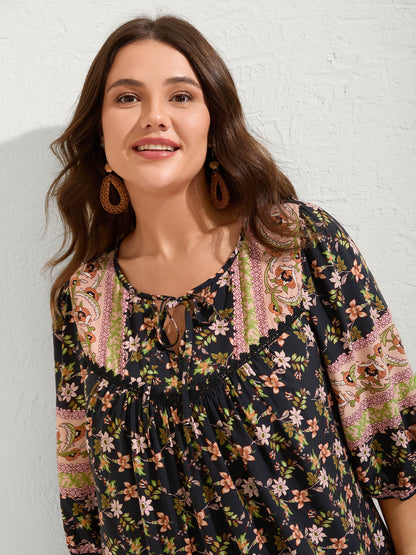 Floral Print Puffy Sleeve Pleated Midi Dress