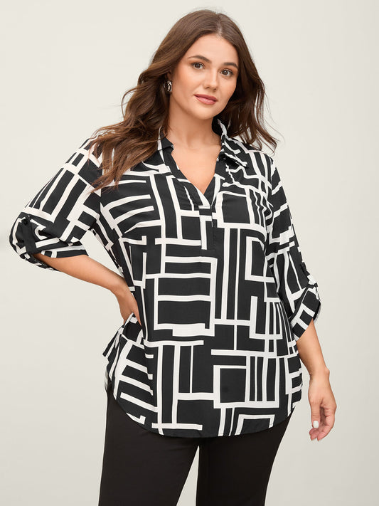 Geometric Lines Tab Sleeve Blouse
