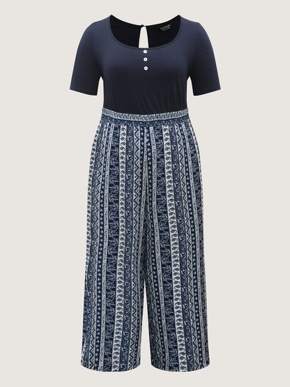 Boho Striped Shirred Contrast Jumpsuit