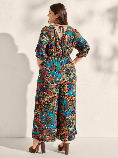 Graffiti Print Pockets Backless Tie Jumpsuit