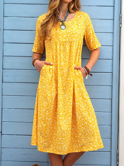 Floral Printed Crew Neck Pockets Short Sleeve Casual Midi Shirt Dress