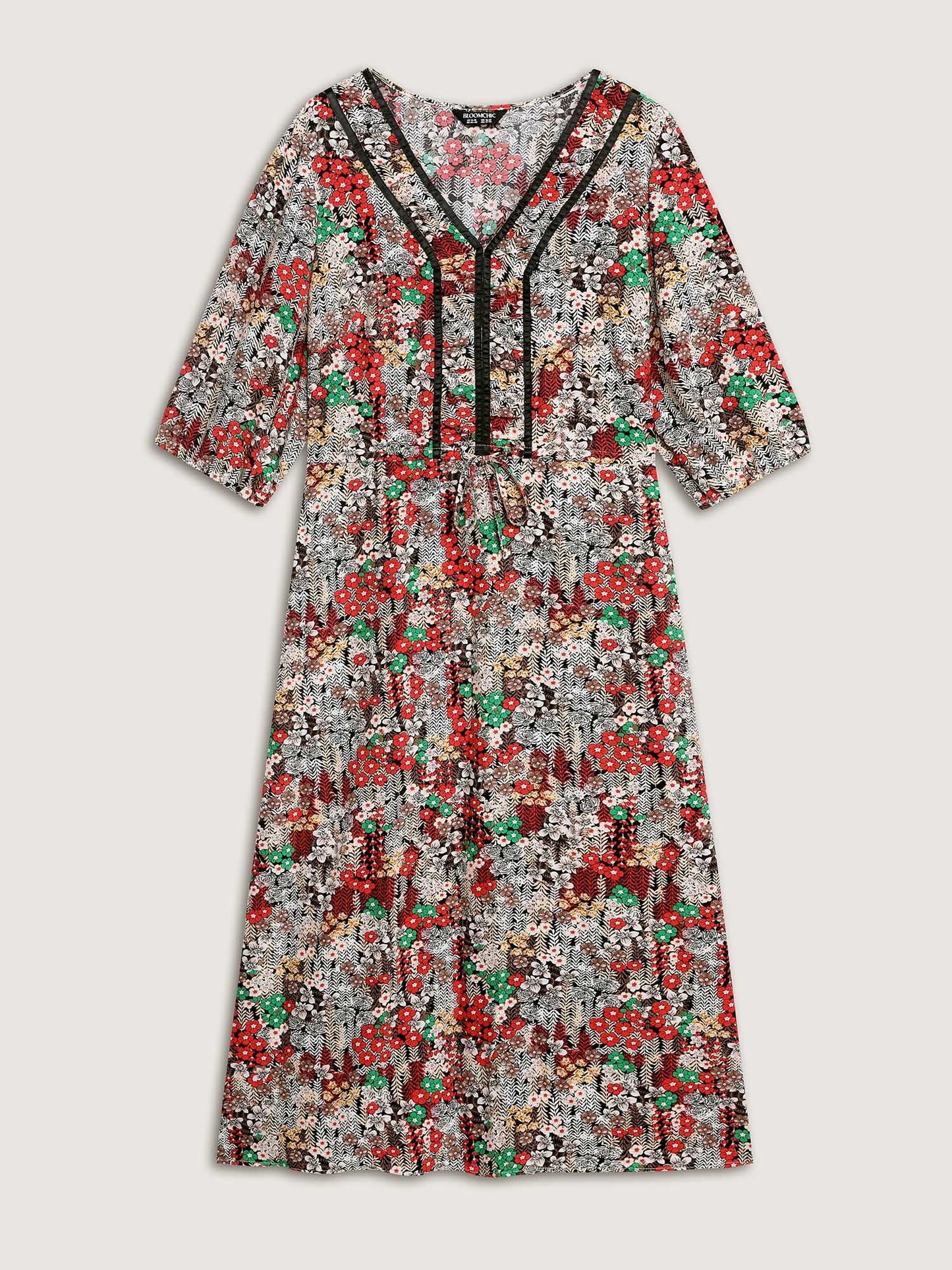 Floral Print Drawstring Waist Pockets Midi Dress
