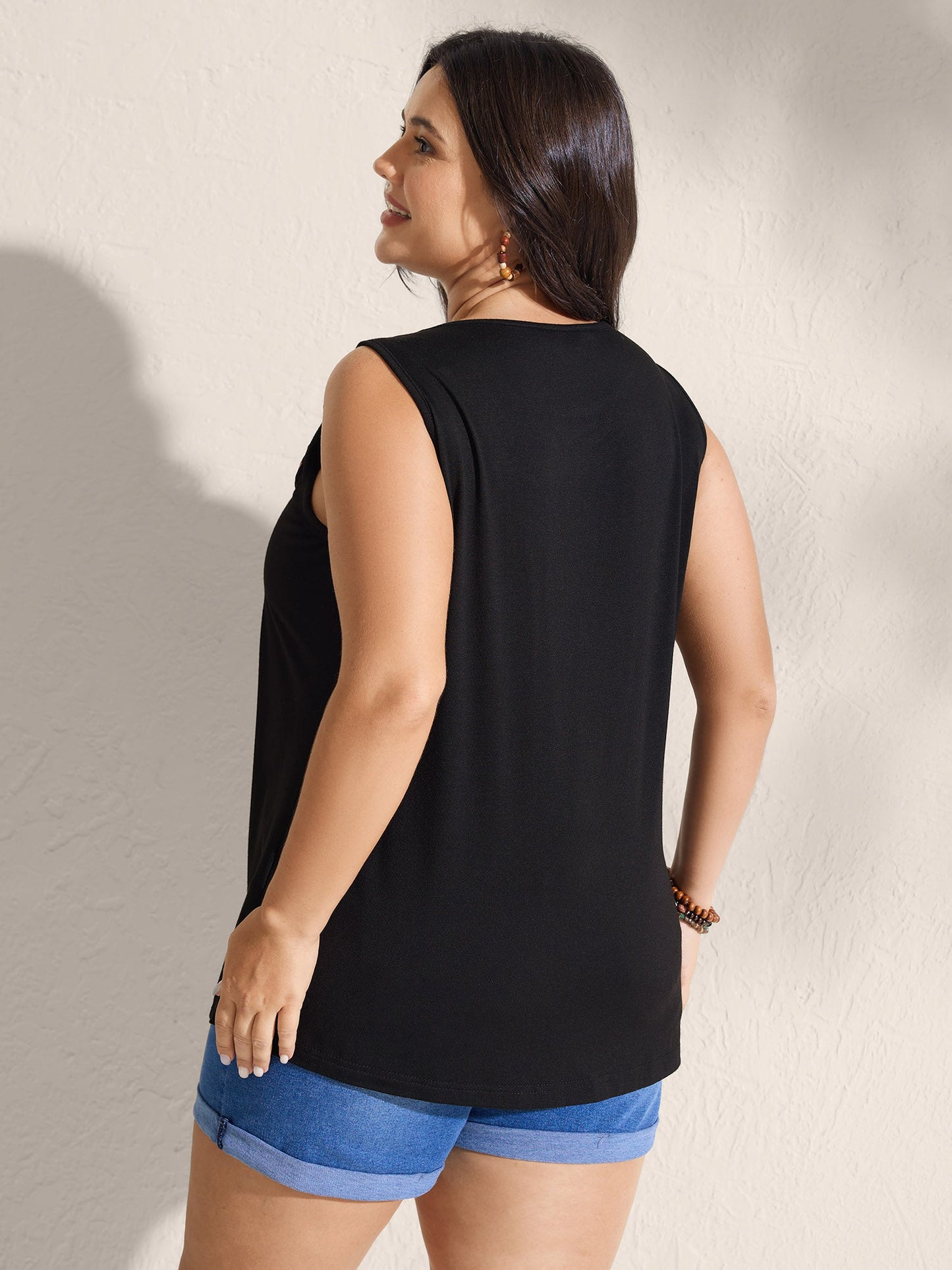 Embroidered Neckline Pleated Front Panel Tank Top