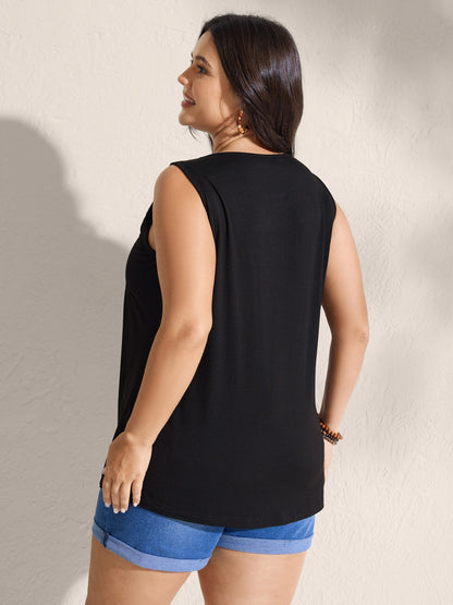 Embroidered Neckline Pleated Front Panel Tank Top
