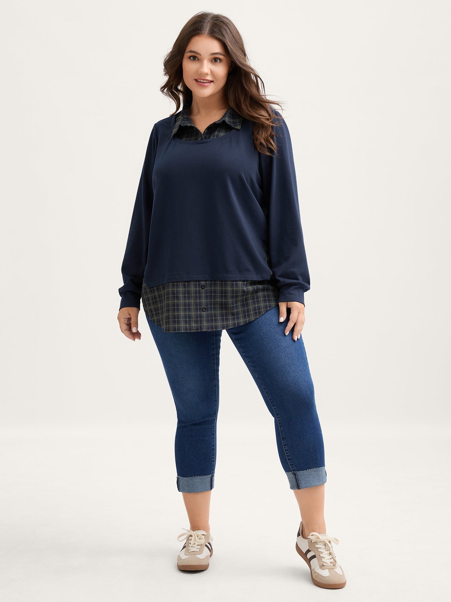 2-in-1 A-line Plaid Sweater Shirt Top