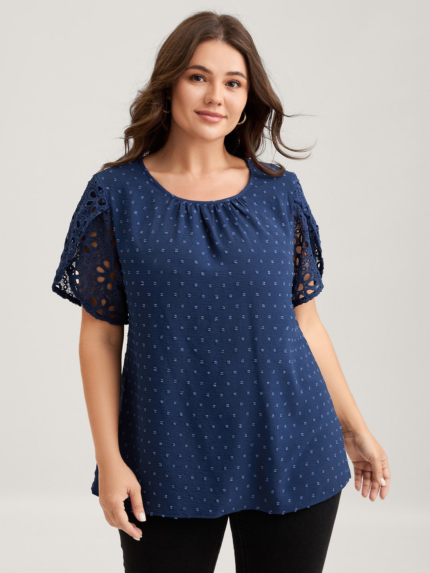 Textured Lace Petal Sleeve Pleated Neck Blouse