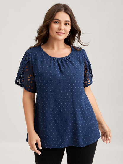 Textured Lace Petal Sleeve Pleated Neck Blouse