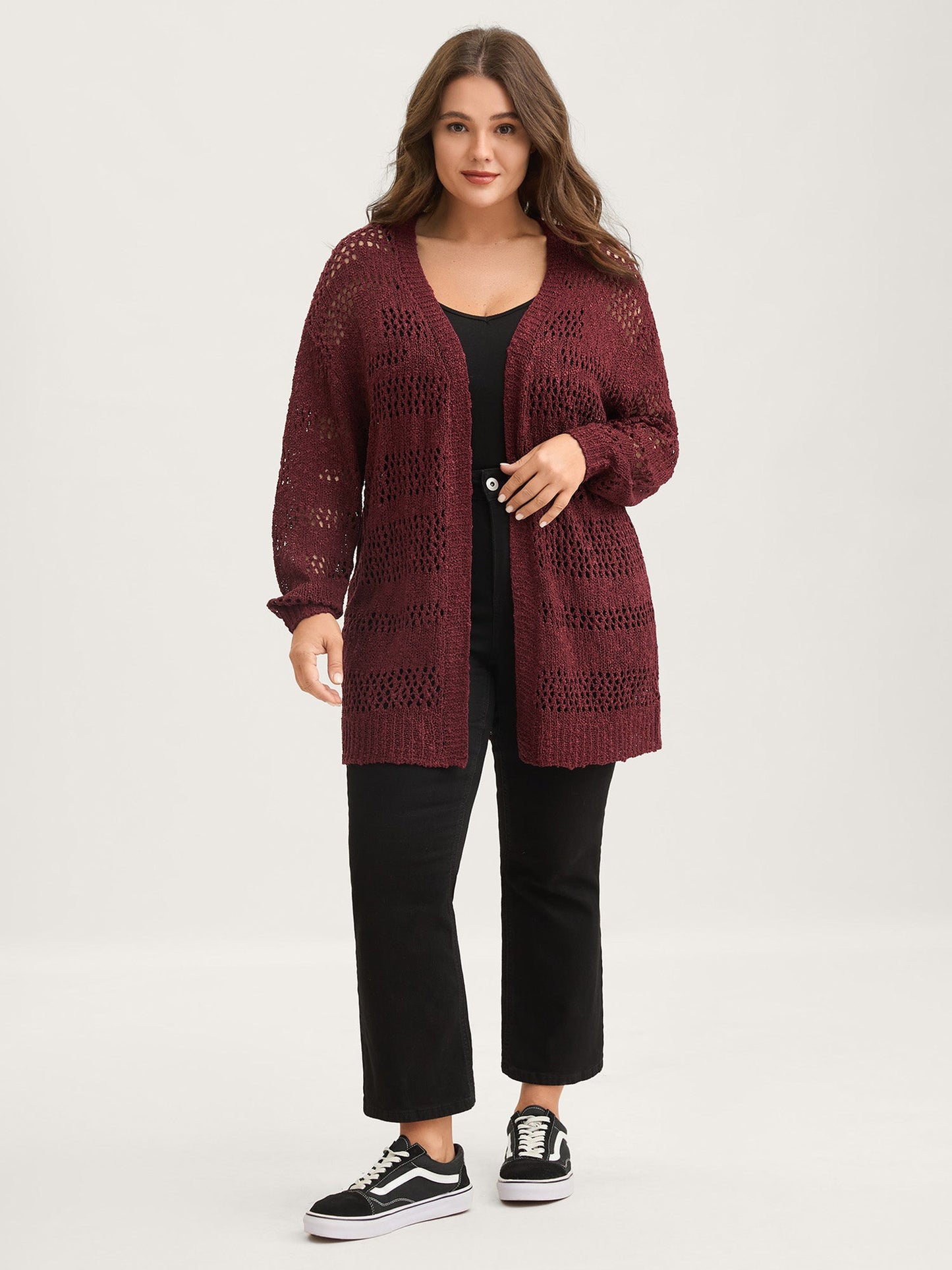 Textured Cut-Out Open-Front Knit Cardigan