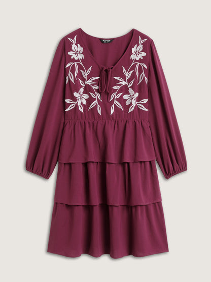 Floral Embroidery Pockets Layered Midi Dress