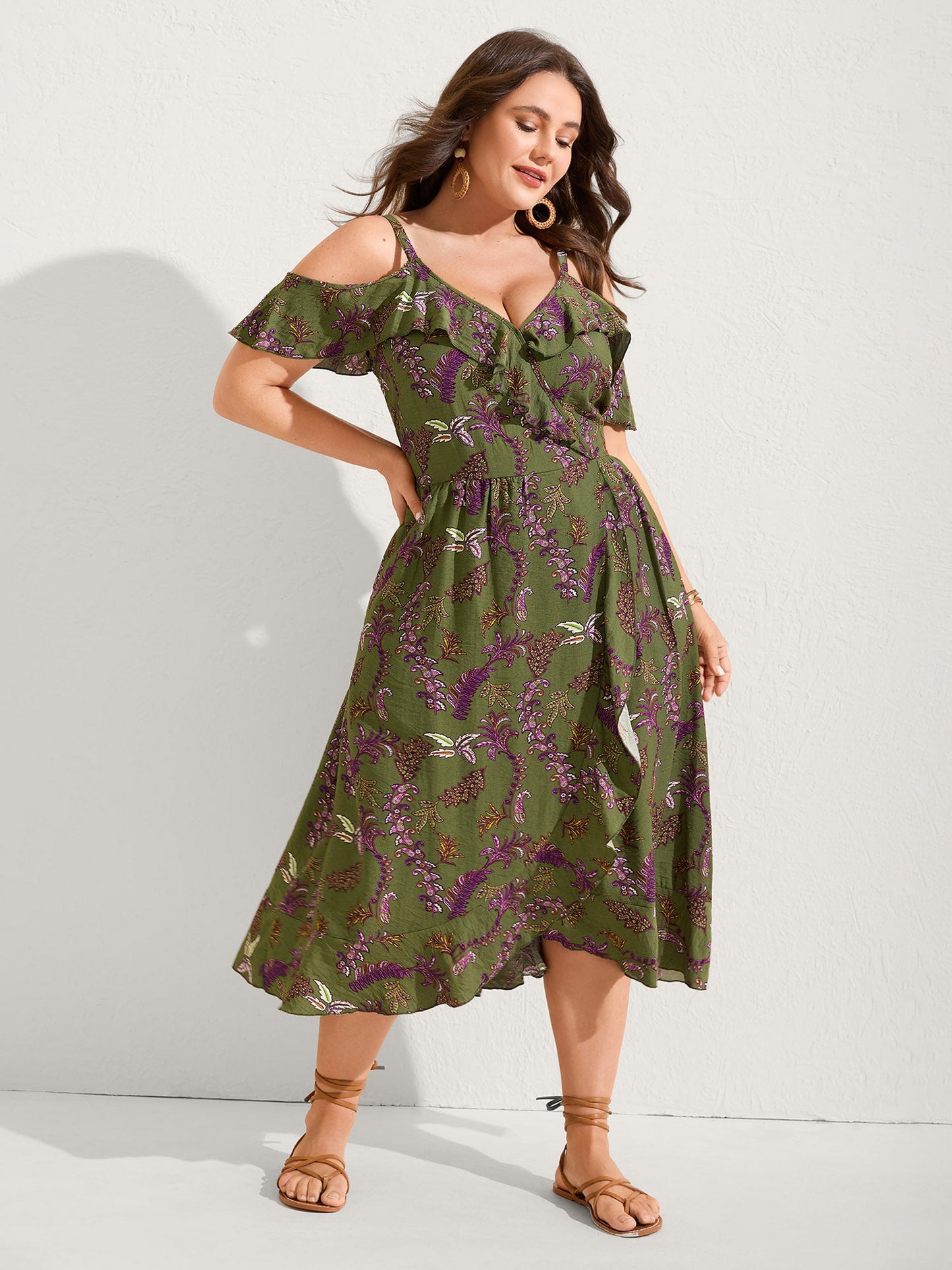 Boho Floral Ruffled Off-Shoulder Midi Dress