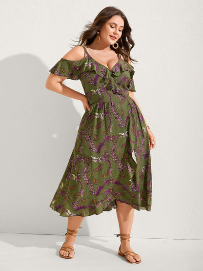 Boho Floral Ruffled Off-Shoulder Midi Dress