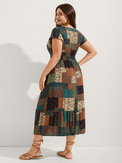 Boho Collage Print Shirred V-Neck Midi Dress