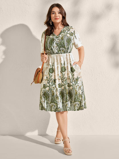 Paisley Print Notched Neckline Midi Dress