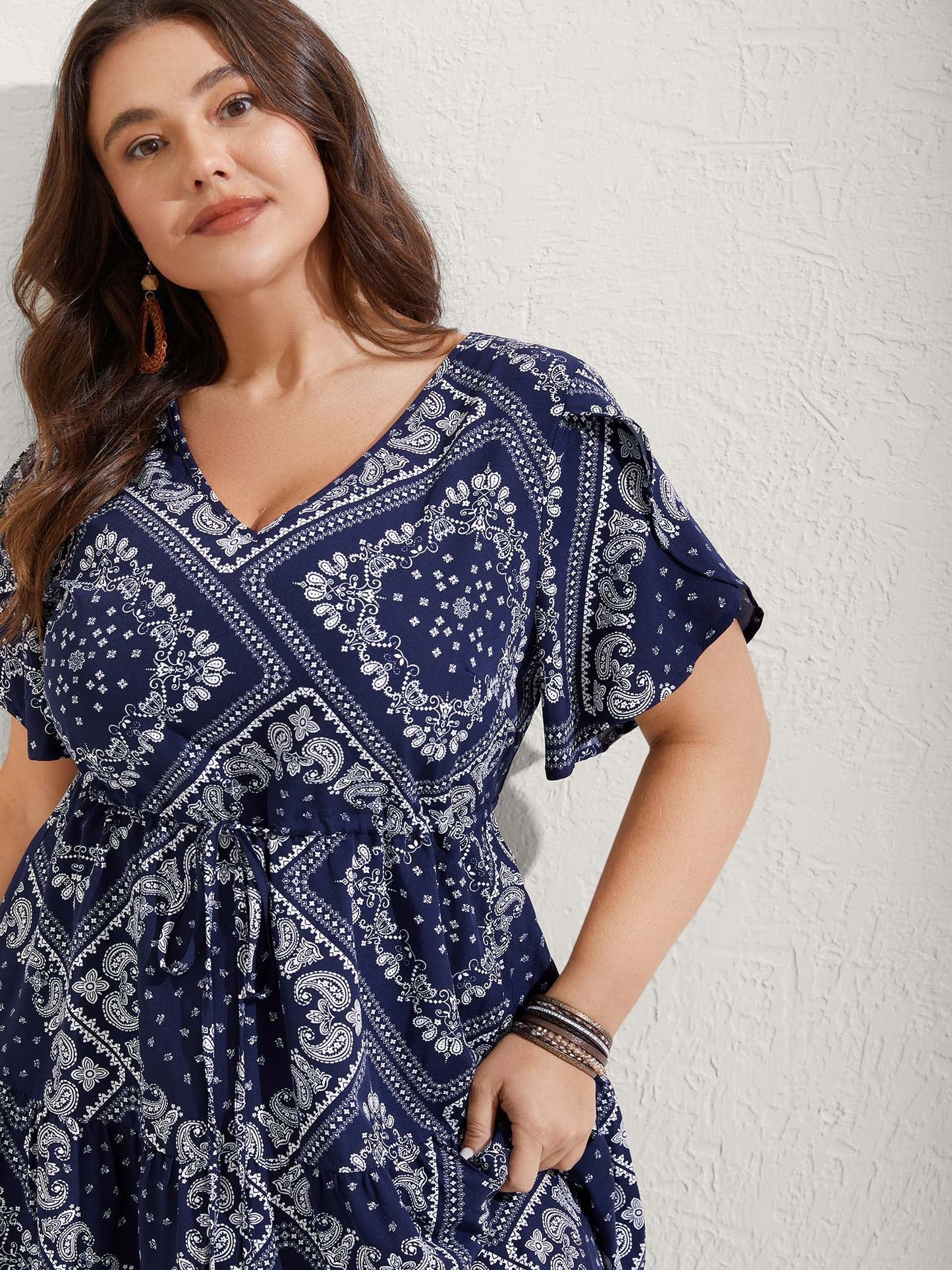 Paisley Print Waist Drawstring Midi Dress