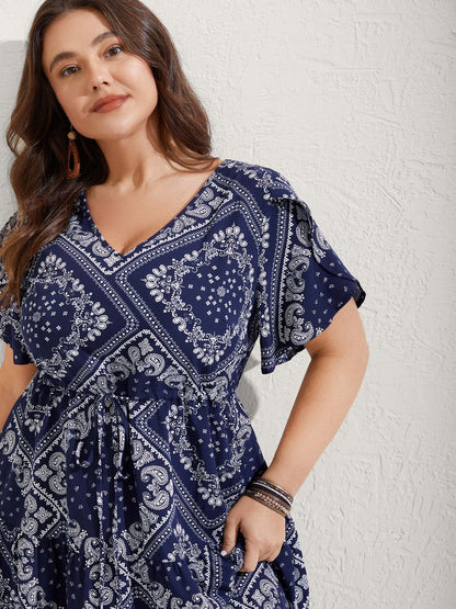 Paisley Print Waist Drawstring Midi Dress