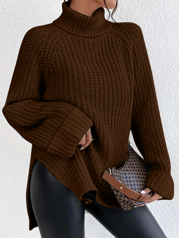 Turtleneck Raglan Sleeve Split Hem Sweater