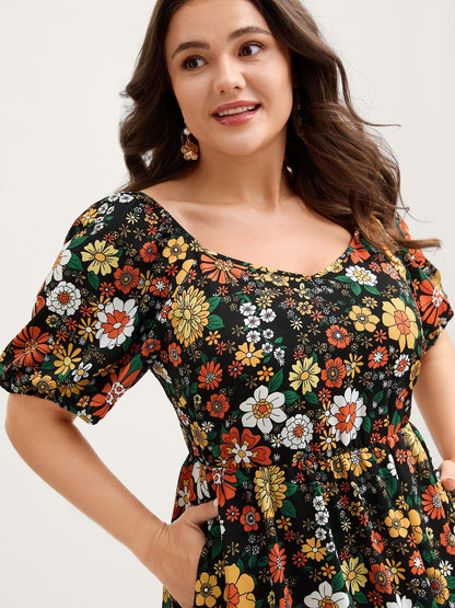 Bright Floral Print Sweetheart Neckline Midi Dress