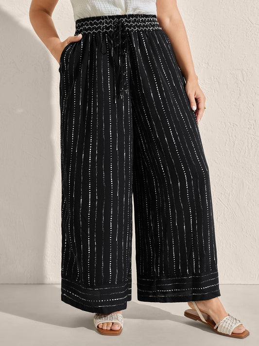 Striped Print Shirred Waist Wide-Leg Pants