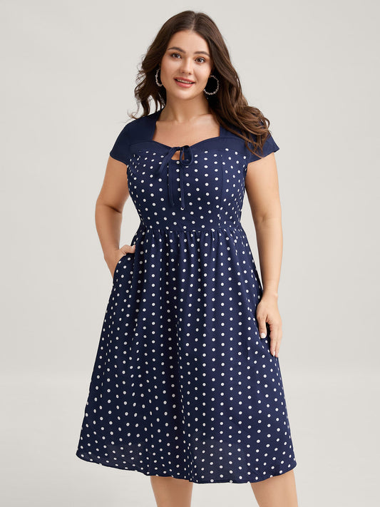 Polka Dots Stretchy Waist Pockets Midi Dress