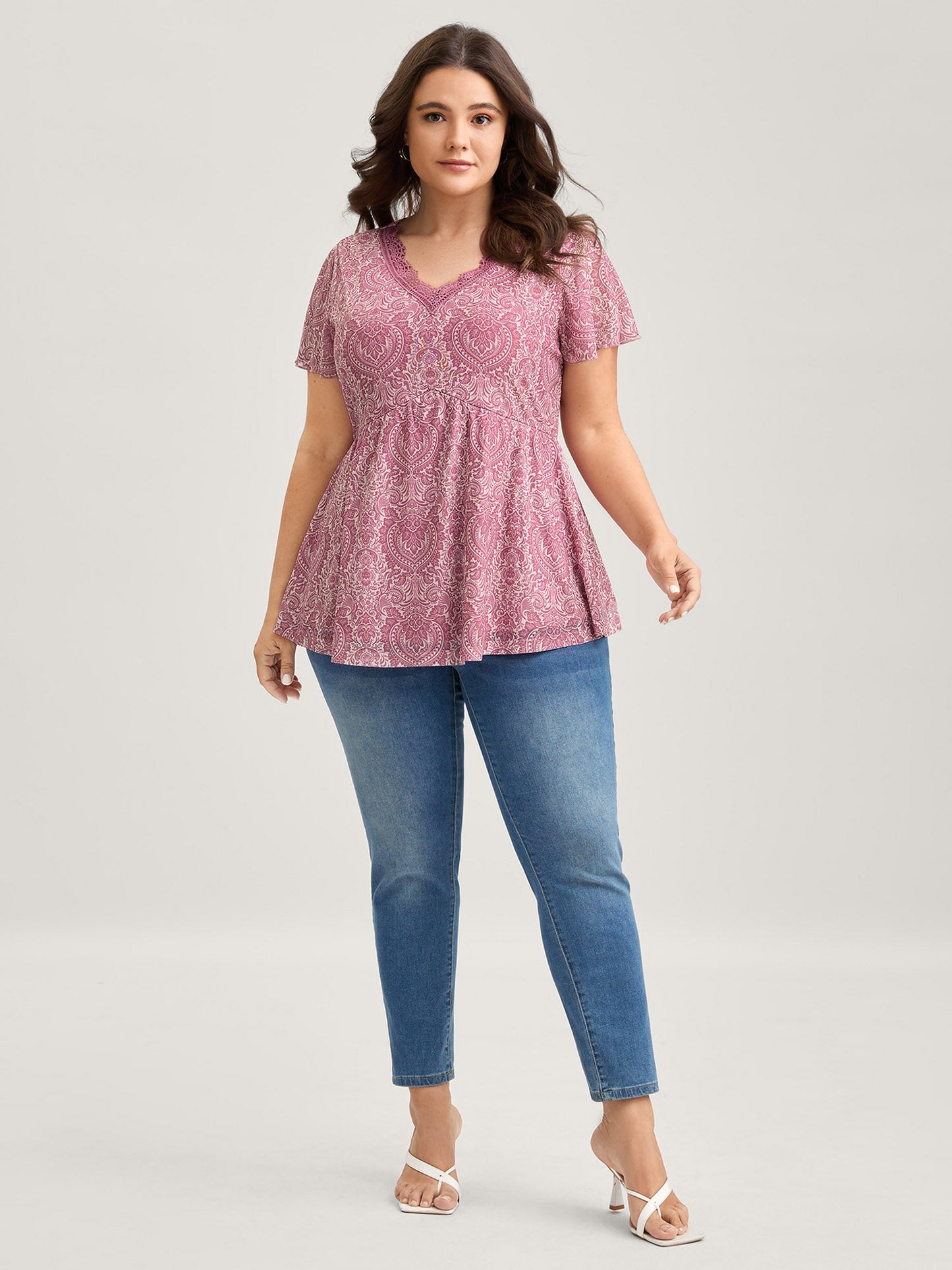 Lace V-Neck Ornate Print Knit Top