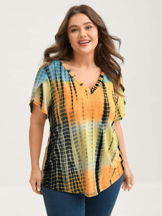 Tie-Dye Petal Sleeve V-Neck T-Shirt