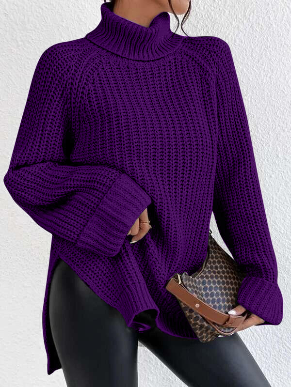 Turtleneck Raglan Sleeve Split Hem Sweater