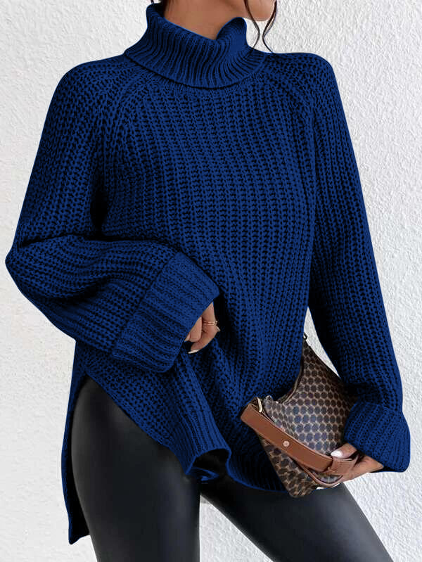 Turtleneck Raglan Sleeve Split Hem Sweater