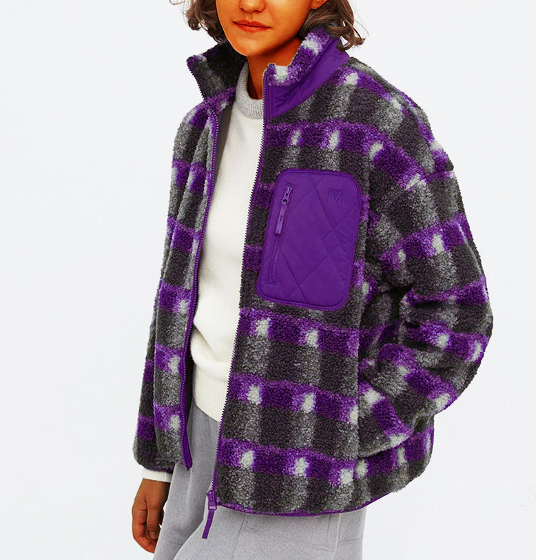 Fleece printed jacket with stand-up collar and long sleeves
