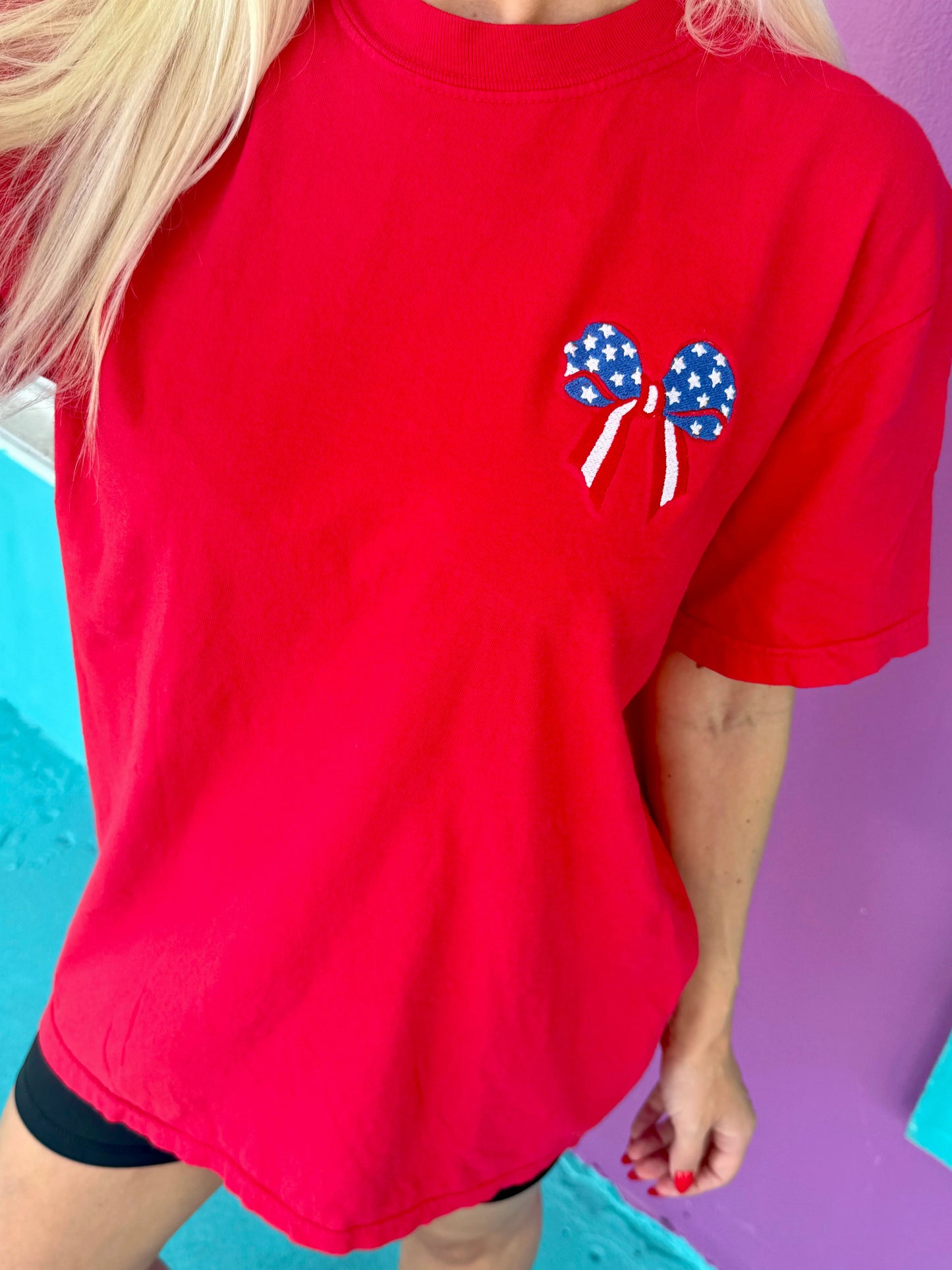 Stars and Stripes Bow Embroidered Tee