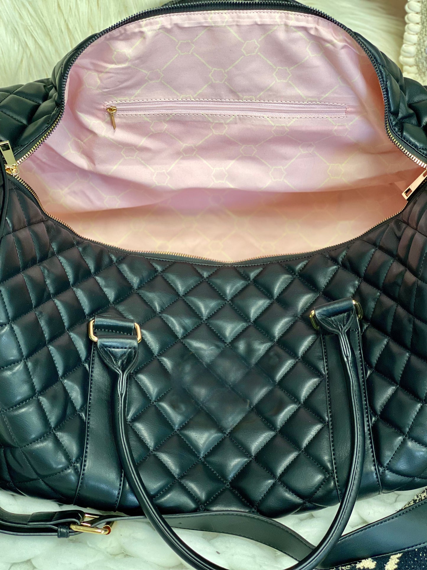 Embroidered Initial Black Quilted Duffle Bag