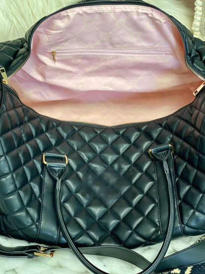 Embroidered Initial Black Quilted Duffle Bag