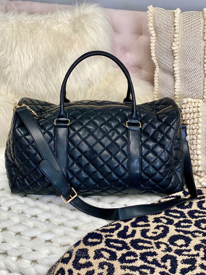 Embroidered Initial Black Quilted Duffle Bag
