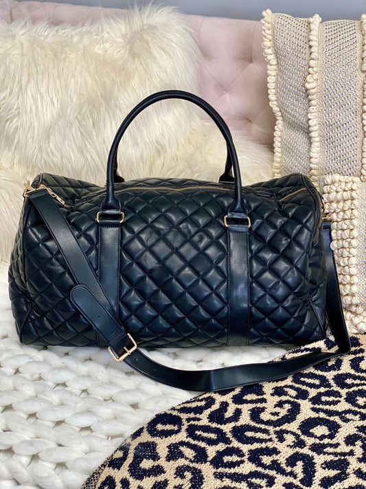 Embroidered Initial Black Quilted Duffle Bag